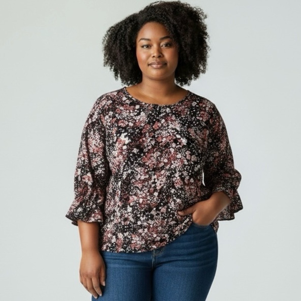 Women's 18 / 20 W Smocked Black Floral Shirred Sleeve Romantic Goth Plus Blouse